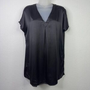 Ginia Silk Shirt Womens AU 14 Black V-Neck Short‎ Sleeve Satin Minimalist Luxury